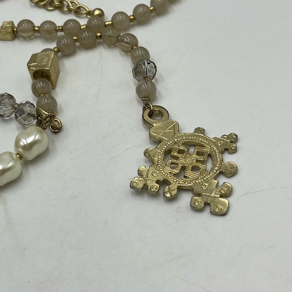 CHICOS Gold Tone Crystal Beads Rhinestone Cross Medallion Tassel Adj Necklace - Picture 15 of 16